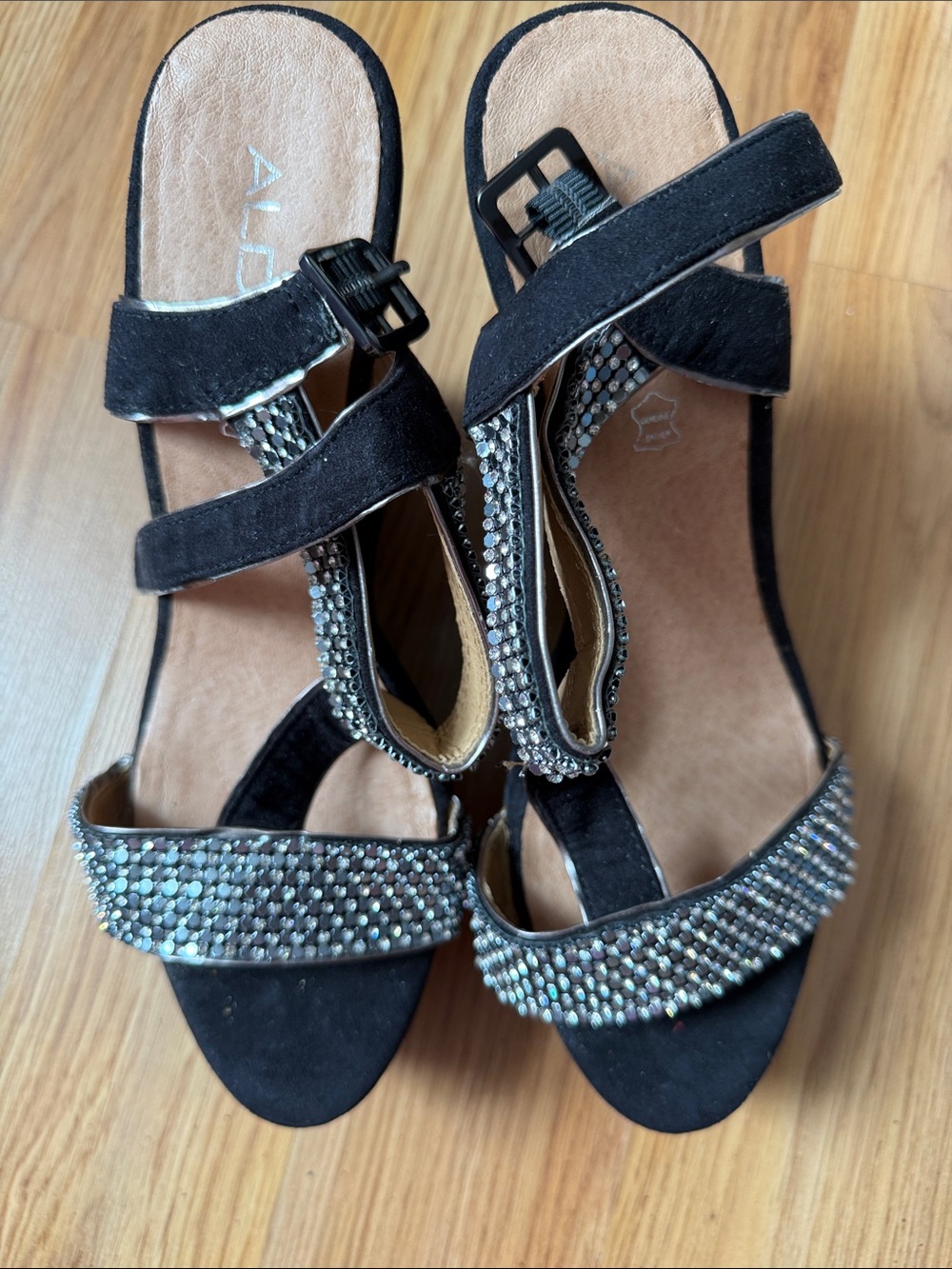 ALDO Black Crystal-Embellished Strappy Heels platform genuine leather